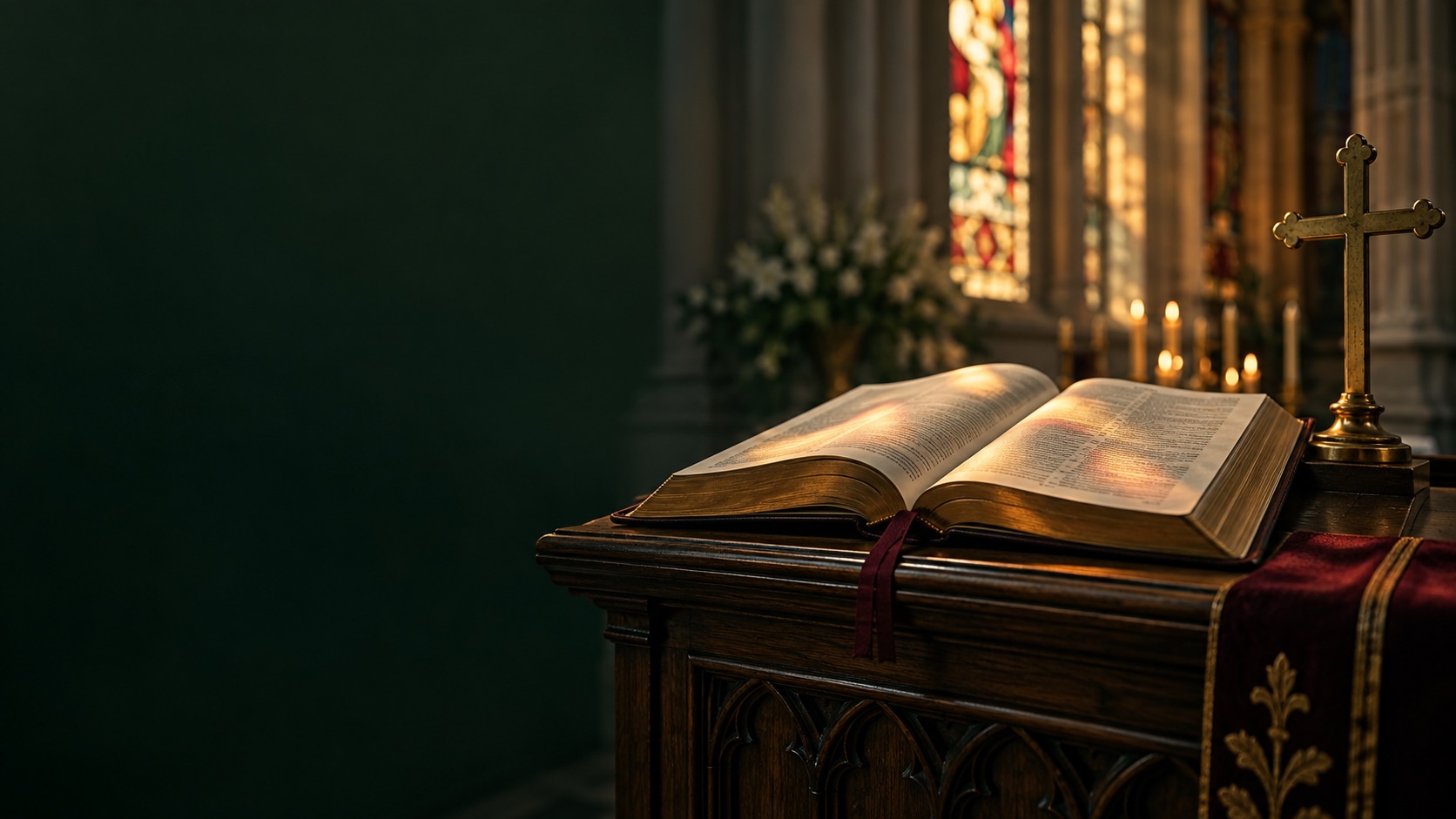 Bíblia aberta próxima a uma cruz em uma igreja