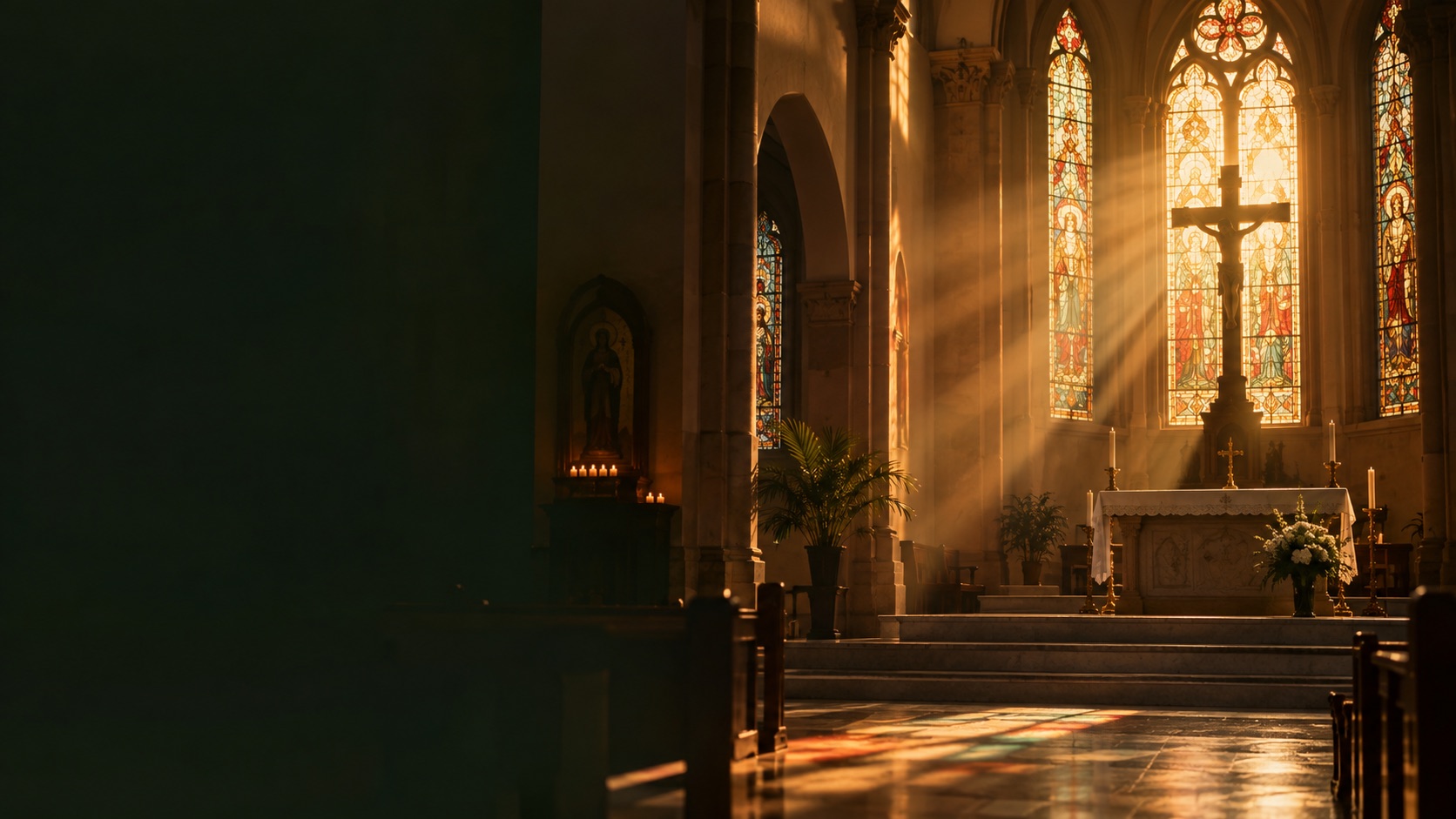Interior de uma igreja iluminado pela luz dos vitrais
