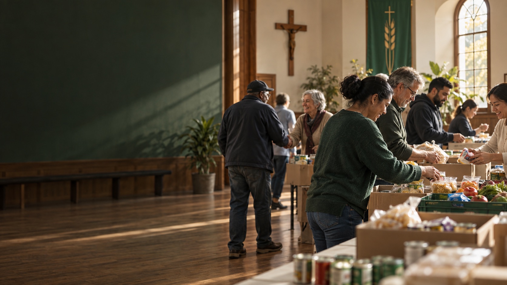 Voluntários organizando alimentos em uma ação comunitária
